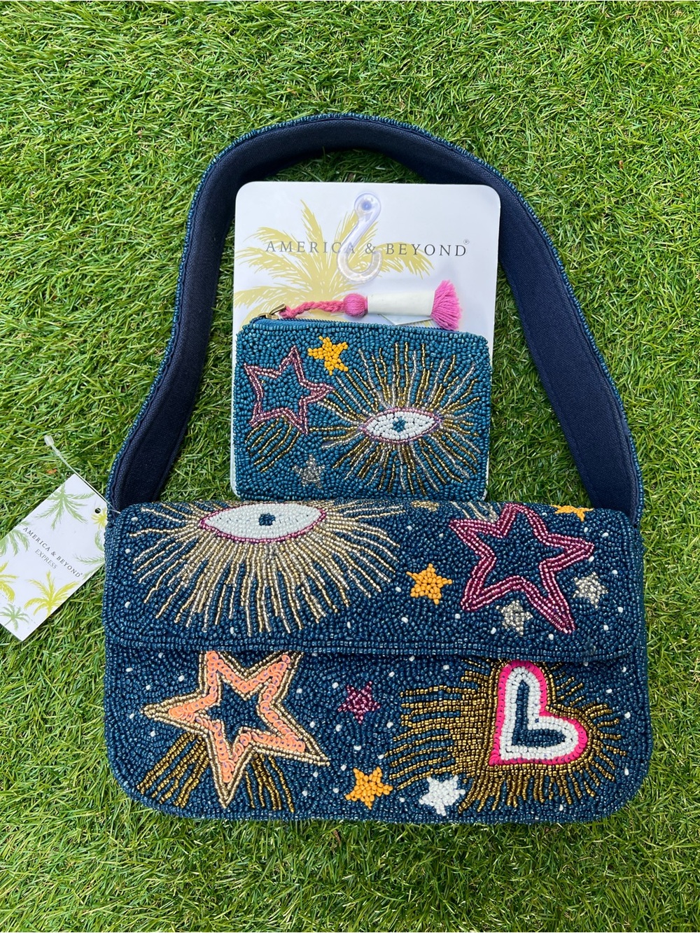 America & Beyond Evil Eye Celestial Beaded Shoulder Bag & Coin Pouch Set